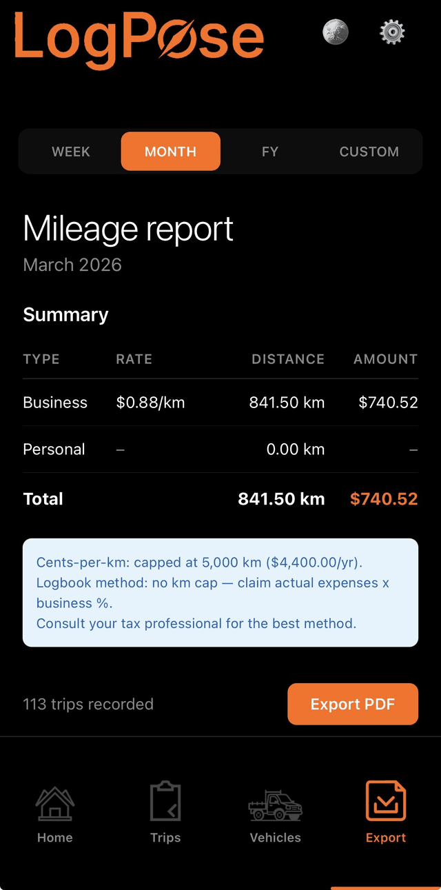 LogPose export screen