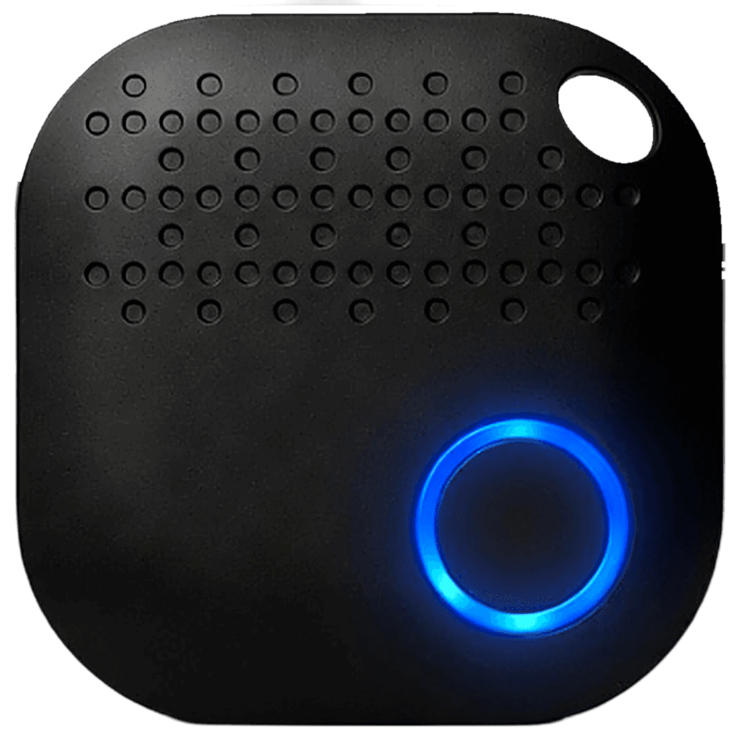 iBeacon Battery — black puck with a glowing blue ring