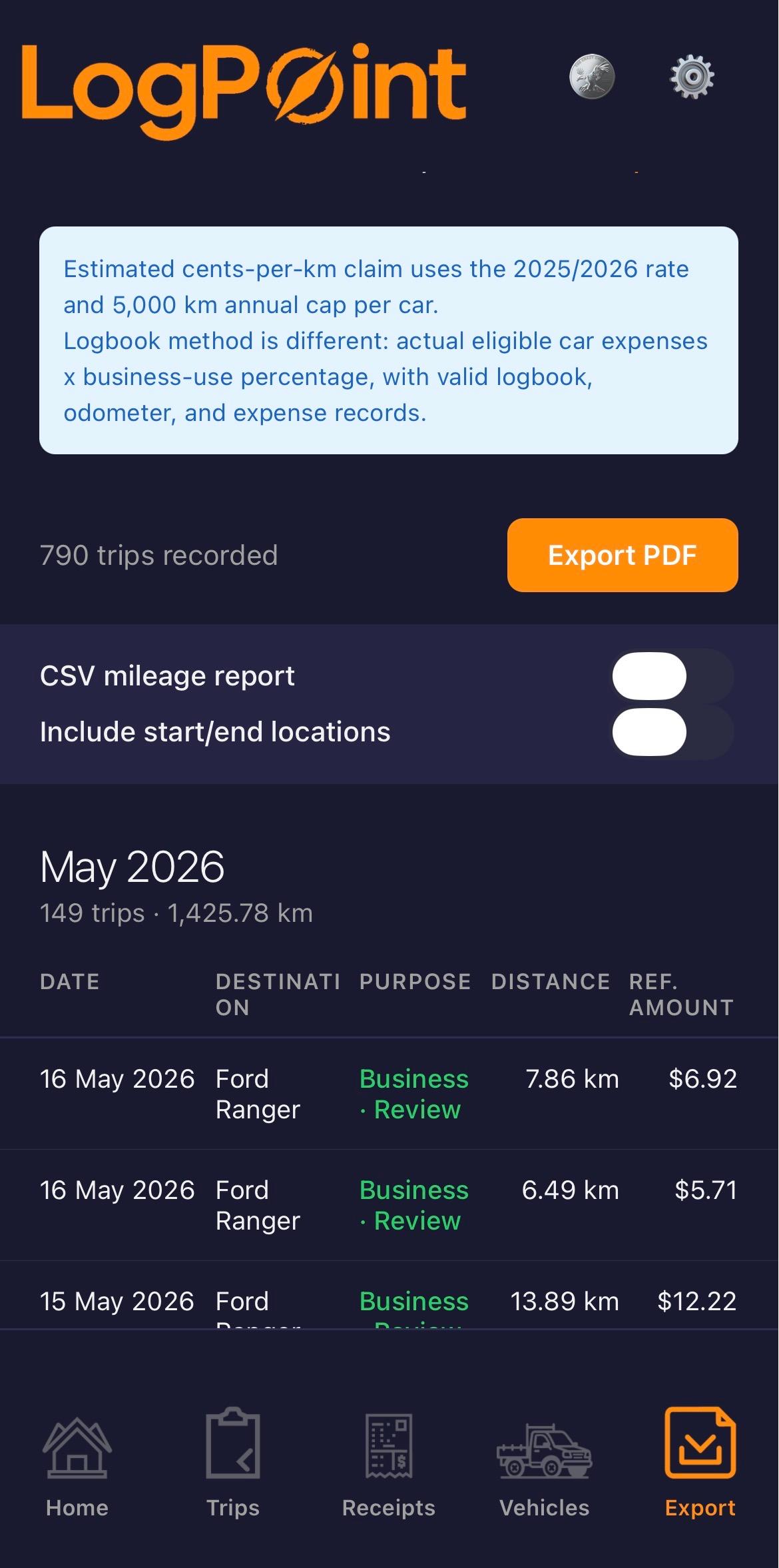 LogPoint Tax export screen