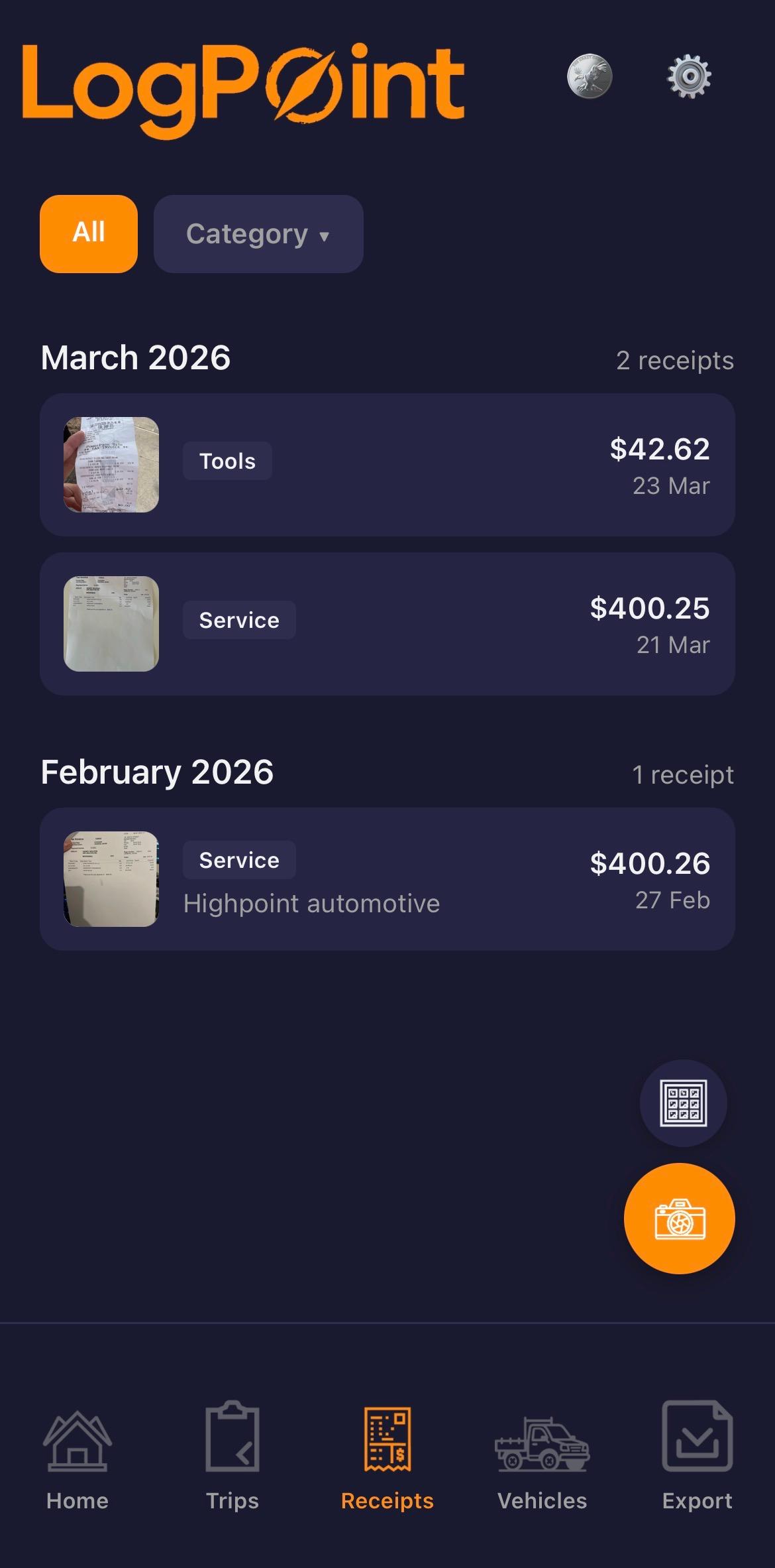LogPoint Receipts screen