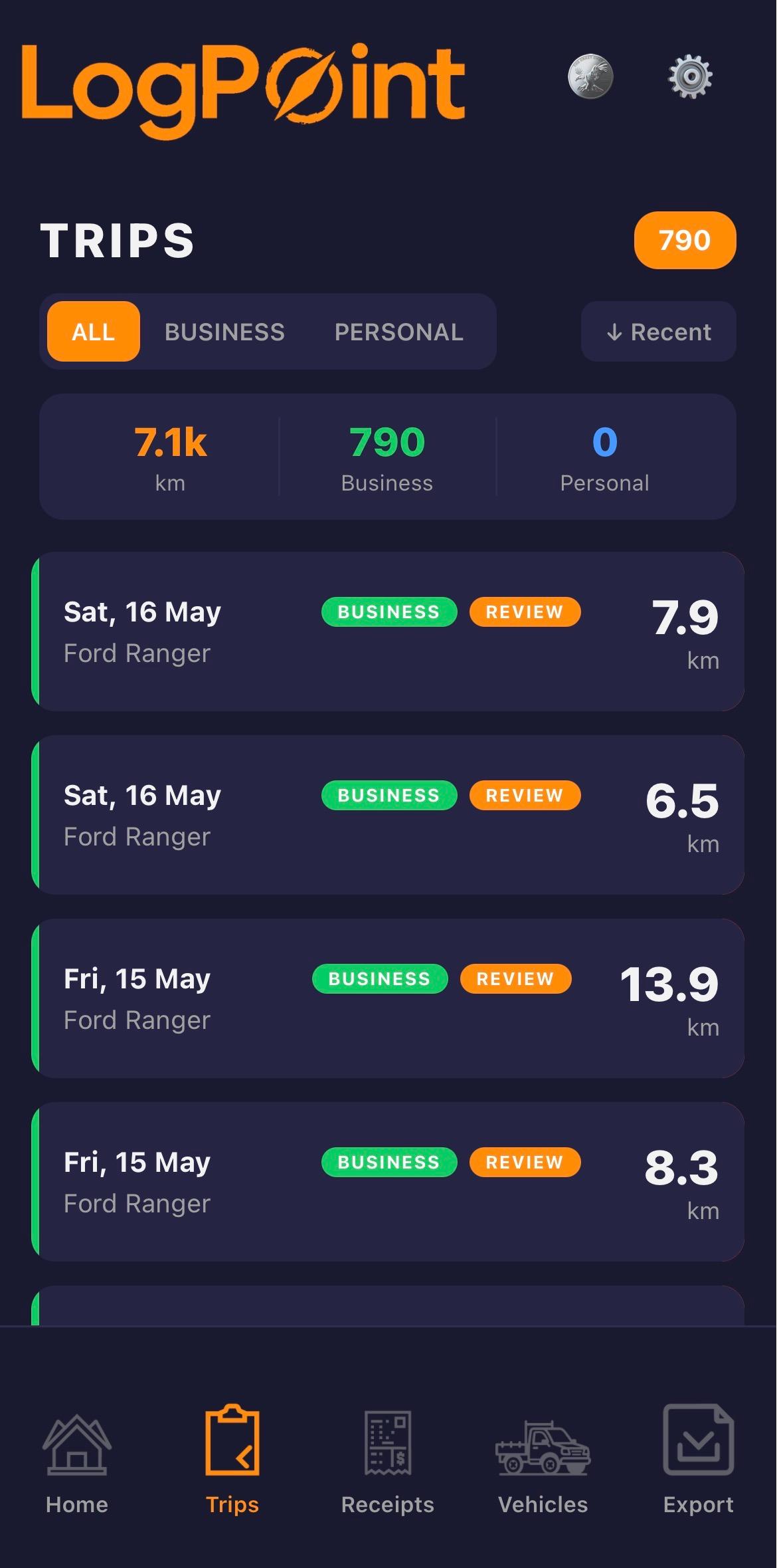 LogPoint Trip history screen