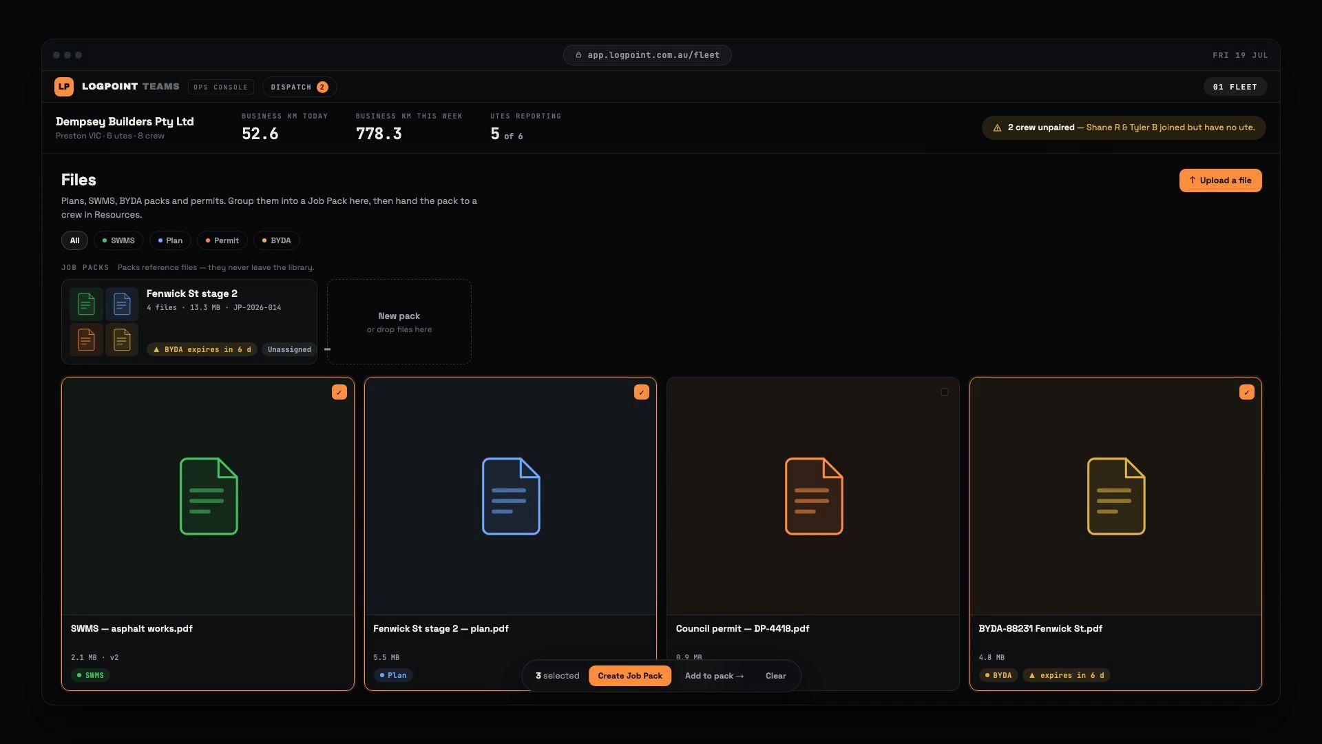 The Files view of the console: filter chips for SWMS, Plan, Permit and BYDA, a Job Packs shelf holding a pack named Fenwick St stage 2 with 4 files and a BYDA expires in 6 d warning, and four file cards below with three ticked and a bar reading 3 selected, Create Job Pack.