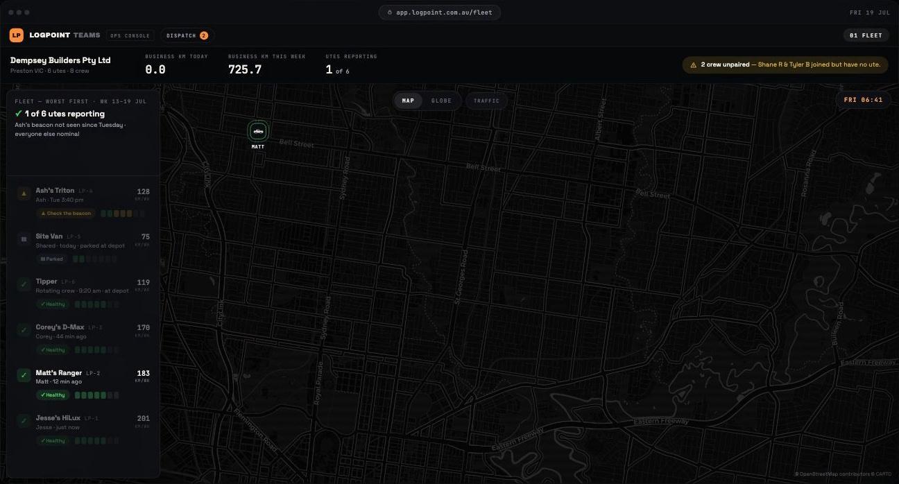 LogPoint Teams console at 6:41 am with a single pin labelled Matt on the map, the rail reading 1 of 6 utes reporting, and Matt’s Ranger highlighted in the vehicle list.