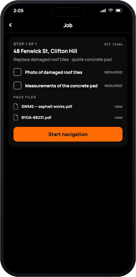 Phone Job screen after accepting: Stop 1 of 1, 48 Fenwick St, Clifton Hill, replace damaged roof tiles and quote concrete pad, two unticked required items, a Pack files list with SWMS asphalt works.pdf and BYDA-88231.pdf, and an orange Start navigation button.