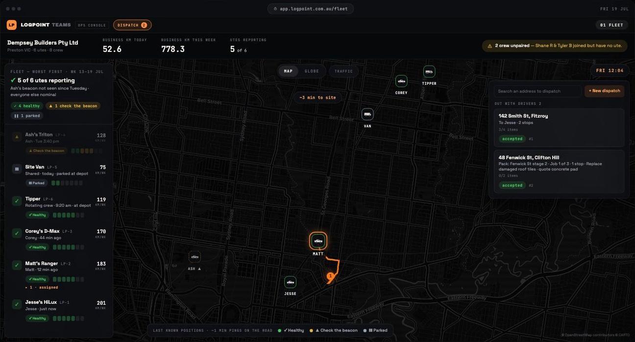 Console map during the drive: Matt’s pin part way along an orange route line to the Fenwick St stop, a 3 min to site label, and the dispatch panel listing 48 Fenwick St as accepted.