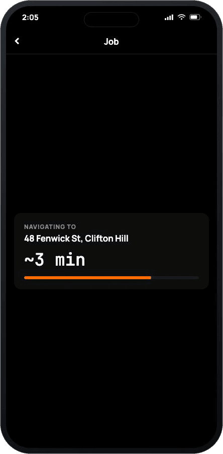 Phone Job screen with a Navigating to card: 48 Fenwick St, Clifton Hill, about 3 min, with an orange progress bar part way along.