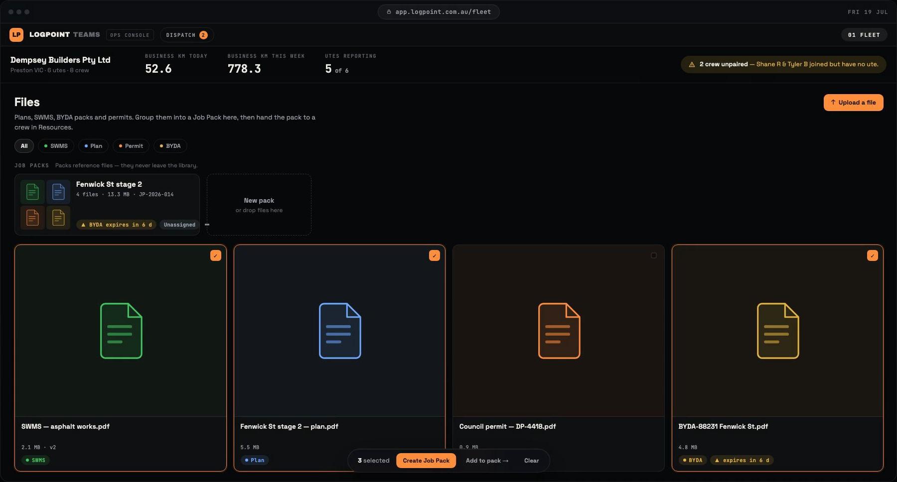 Console Files view: the Job Packs shelf holds Fenwick St stage 2 with 4 files, 13.3 MB, JP-2026-014 and a BYDA expires in 6 d warning, above four file cards with three ticked and a Create Job Pack bar.