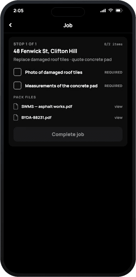 Phone Job screen on site with the Pack files section open: SWMS asphalt works.pdf and BYDA-88231.pdf with view links, two unticked required checklist items, and a greyed Complete job button.